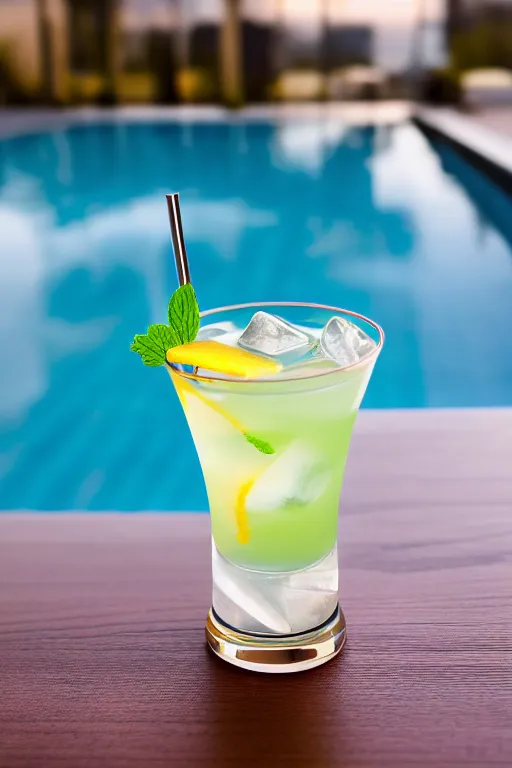Prompt: 5 5 mm photo of best long cocktail on a zen minimalist table with luxury pool in the background. highly detailed 8 k. intricate. lifelike. soft light,