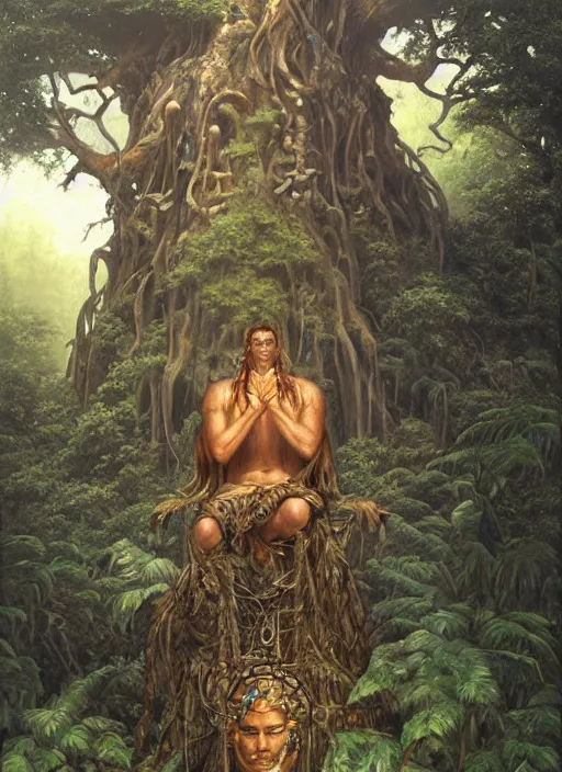 Image similar to a shaman sitting in the jungle, with giant face of an ancestor in a tree behind him, hyper detailed, art by christophe vacher