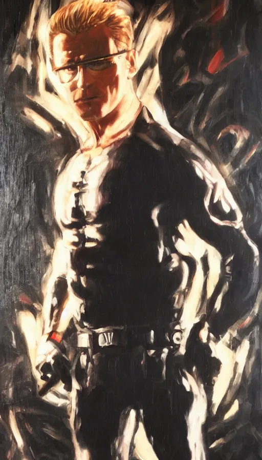 Image similar to Albert Wesker full body portrait, action! pose!, oil painting, surrounded by black tendrils