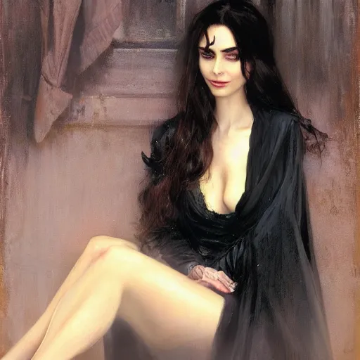 Image similar to detailed realistic cinematic wide shot of beautiful attractive lilly collins vampire woman wearing black bath robe slim face symettrical face clean skin black eyes black robe smooth, sharp focus, ultra realistic, spring light, painting by gaston bussiere, craig mullins, j. c. leyendecker