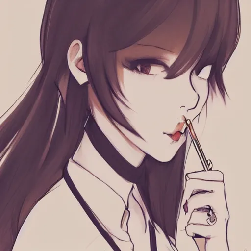 Image similar to portrait of a girl with short brown hair, wearing a white blouse and black choker, smoking a cigarette, drawn by WLOP, by Avetetsuya Studios, attractive character, colored sketch anime manga panel, unsaturated, dull colors, trending on Artstation