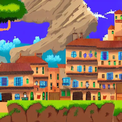 Prompt: A Spanish village. 2D videogame, Side Scrolling, Seamless, Parallax.