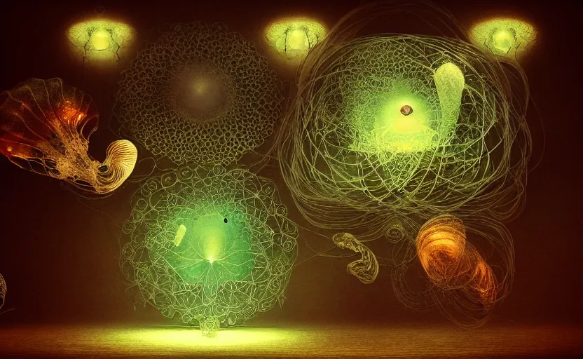 Prompt: the night of the 5 murderous sorcerers. intricate, centered, amazing composition by amano yoshitaka, by rembrandt, illustrious makinami, digital art, digital painting, artstation trending, unreal engine, fractal flame, transparent jellyfish, transparent feathers, bio luminescent, ice, water, leds