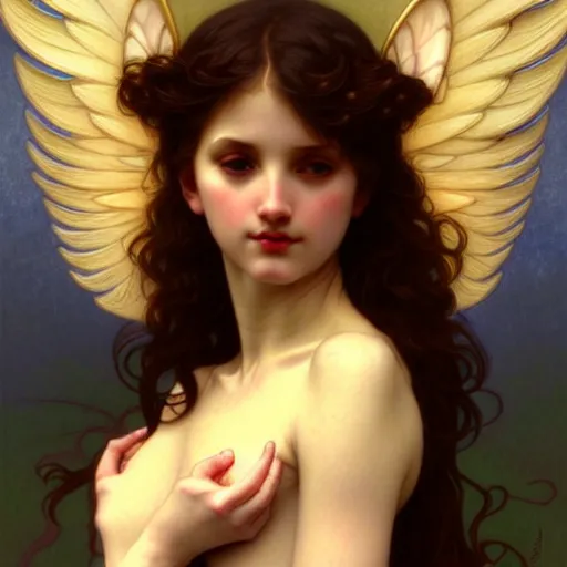 Prompt: Winged girl angel, face, fantasy, intricate, elegant, highly detailed, digital painting, artstation, concept art, smooth, sharp focus, illustration, art by John Collier and Krenz Cushart and Artem Demura and Alphonse Mucha and Jean-Leon Gerome and William Bouguereau and Albert Aublet