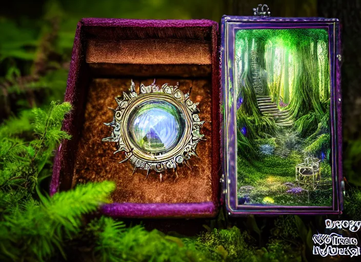 Image similar to photo of a crystal box with a magical kingdom inside, in the forest. Fantasy magic style. Highly detailed 8k. Intricate. Nikon d850 55mm. Award winning photography.