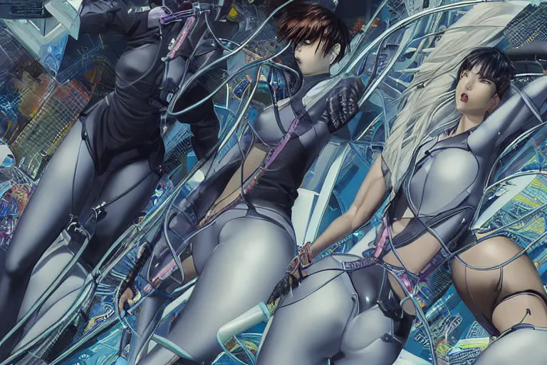 Prompt: a finely composed cyberpunk illustration of a group of motoko kusanagi-like white female androids in style of hajime sorayama, lying on an abstract, empty, white floor with their body parts scattered around and cables and wires coming out, by katsuhiro otomo and masamune shirow, hyper-detailed, intricate, colorful, view from above, wide angle, close up, beautiful