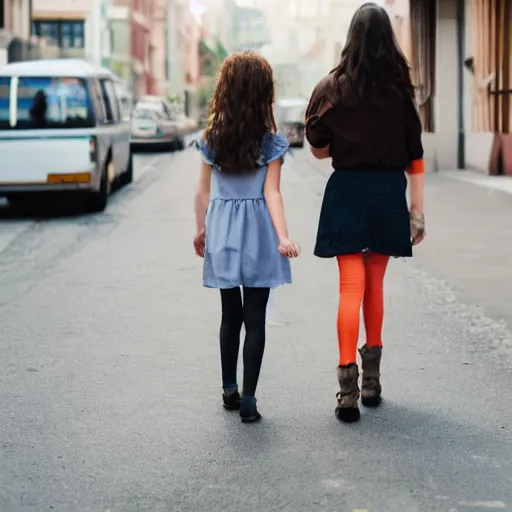 Prompt: tall girl walking with a short girl on a street