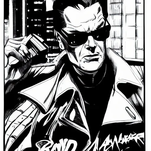 Image similar to a mafia boss with slicked back hair, in a cyberpunk setting, comic book art, art by stan lee, pen drawing, inked, black and white, dark, moody, dramatic, deep shadows, marvel comics, dc comics