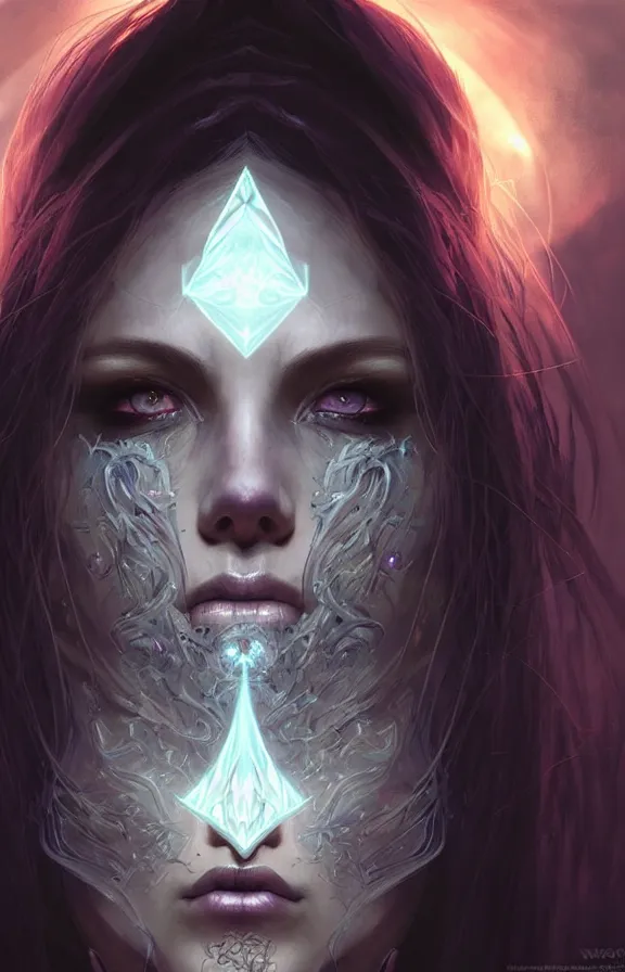 Image similar to Necromancer Sorceress face close-up macro in center, fantasy magic, undercut hairstyle, dark light night, intricate, elegant, sharp focus, illustration, highly detailed, digital painting, concept art, matte, art by WLOP and Artgerm and Greg Rutkowski and Alphonse Mucha, masterpiece