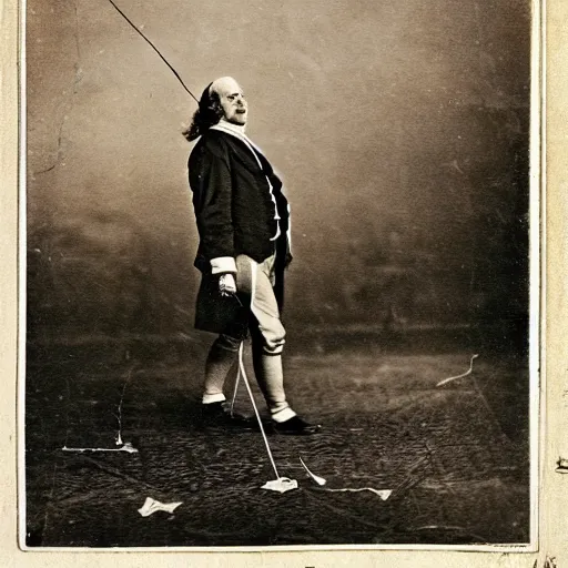 Image similar to color photograph of benjamin franklin riding on a kite