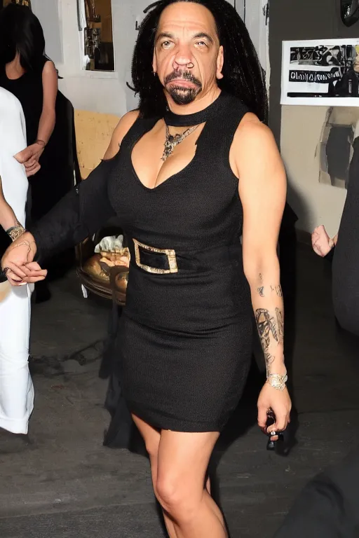 Prompt: ice t wearing a mini black dress with high heels and stockings