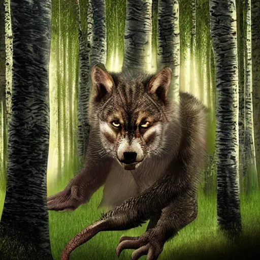 Image similar to Furred chimera with crocodile's body and a wolve's head, set within a birch tree swamp, illuminated by full moon, professional photoshop artwork, highly detailed