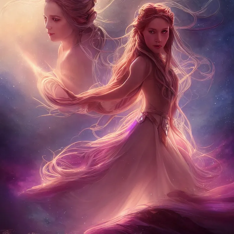 Image similar to beautiful cinematic fantasy poster, a long shot of a beautiful princess like a disney princess hybrid with flowing illuminated hair, beautiful glowing galaxy eyes, full subject in frame, wideshot ultrawide angle epic scale, hybrid from The Elden Ring and art direction by Darius Zawadzki ;by artgerm; wayne reynolds art station, coherent body and limbs; cinematic quality character render; low angle; ultra high quality model; production quality cinema model;