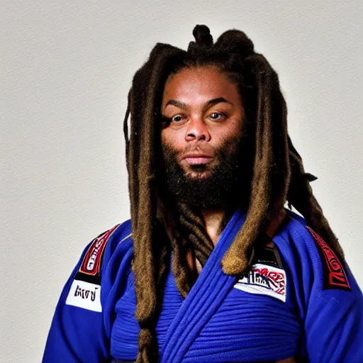 Image similar to photo of chubby black bjj athlete with long dreads posing, serious face, white belt