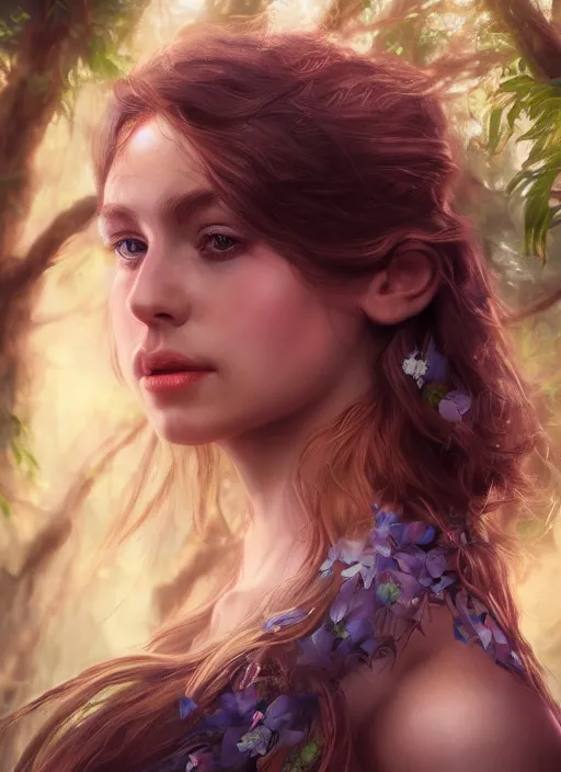 Prompt: portrait of a gorgeous princes of the forest, 8k render, ultra realistic, soft lighting, artstation, Annie Leibovitz, artgerm