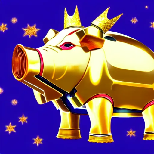 Image similar to 100 giant mecha pigs wearing gold crowns, anime style, art by YASUHIKO Yoshikazu and lisa frank, trending on Artstation