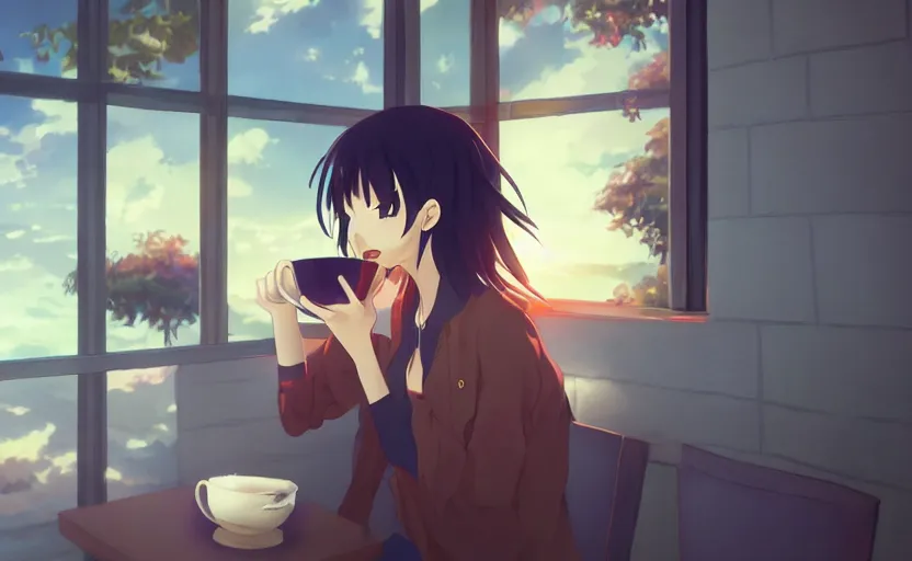 Prompt: An anime girl drinking a cup of coffee, enjoying the warmth, anime scene by Makoto Shinkai, digital art