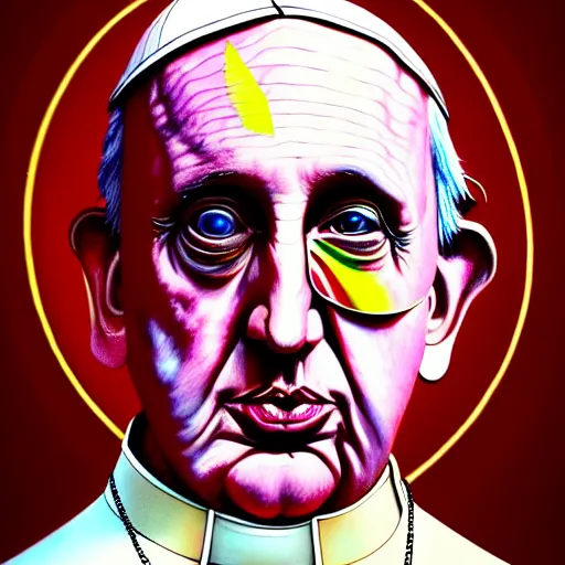 Prompt: an extremely psychedelic portrait of the pope, surreal, lsd, face, detailed, intricate, elegant, lithe, highly detailed, digital painting, artstation, concept art, smooth, sharp focus, illustration