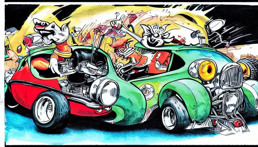 Image similar to funny, comic book style, racoon riding in a tiny hot rod coupe with oversized engine, ratfink style by ed roth, centered award winning watercolor pen illustration, by chihiro iwasaki, edited by range murata