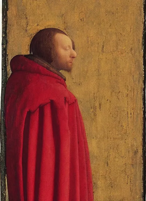 Image similar to Profile of Fallen Angel dressed in red, Medieval painting by Jan van Eyck, Johannes Vermeer, Florence