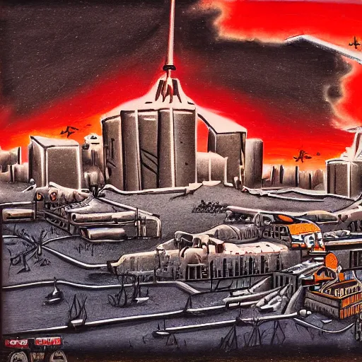 Image similar to battle of stalingrad in edmonton alberta, yeg, yeg, bibliotank, brutalism architecture, in winter, cold war, in the style of kelly freas, cityscape,