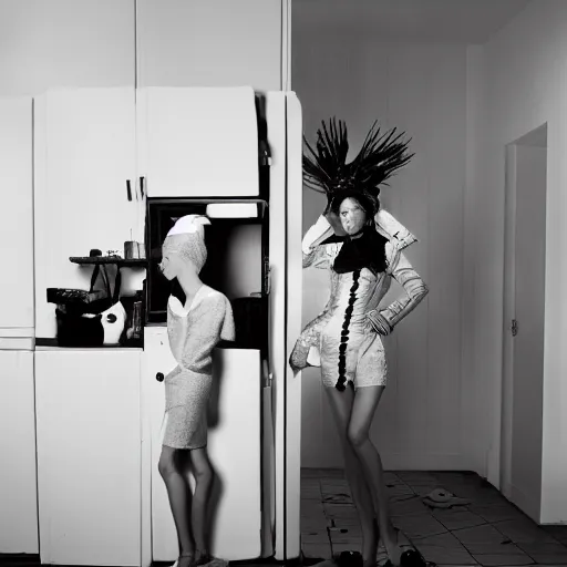 Image similar to medium format photograph of a surreal fashion shoot in the kitchen of house, camera flash