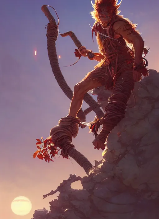 Image similar to Highly detailed portrait of Sun Wukong, Stephen Bliss, unreal engine, fantasy art by Greg Rutkowski, Loish, Rhads, ferdinand knab, Makoto Shinkai and Lois van baarle, ilya kuvshinov, rossdraws, Tom Bagshaw, alphonse mucha, global illumination, radiant light, detailed and intricate environment