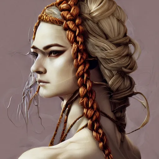 Image similar to portrait of a Shibari rope wrapped face and neck, headshot, insanely nice professional hair style, dramatic hair color, digital painting, of a old 15th century, old cyborg merchant, amber jewels, baroque, ornate clothing, scifi, realistic, hyperdetailed, chiaroscuro, concept art, art by Franz Hals and Jon Foster and Ayami Kojima and Amano and Karol Bak,