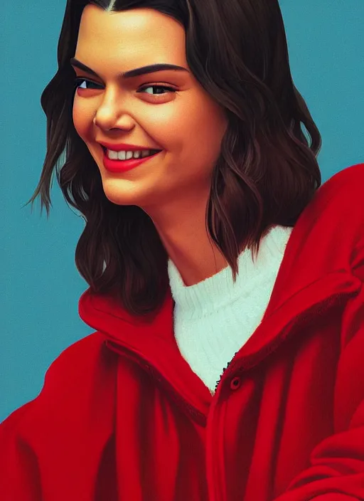 Prompt: twin peaks movie poster art, portrait of a smiling kendall jenner, from scene from twin peaks, clean, simple illustration, nostalgic, domestic, highly detailed, digital painting, artstation, concept art, smooth, sharp focus, illustration, artgerm, donato giancola, joseph christian leyendecker, wlop