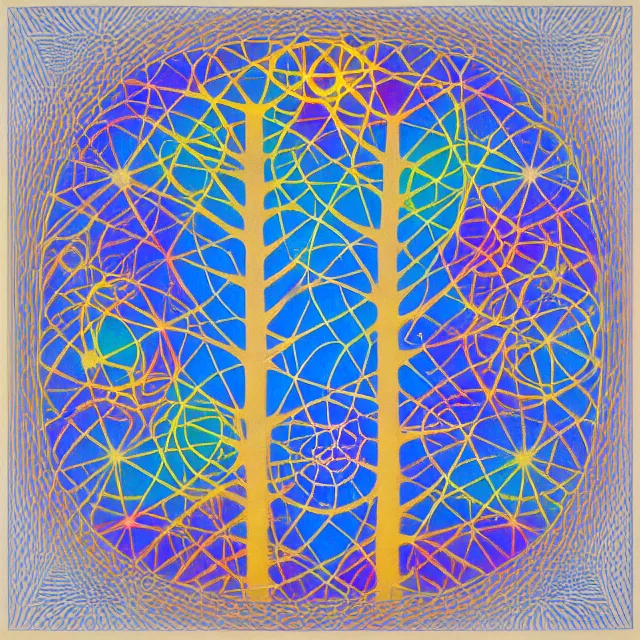 Prompt: sacred geometry tree of life in a minimalist collage of geometric shapes, tetrachromacy, primary colors, in the style of ikko tanaka, japanese graphic design, 1 9 8 0, by ernst haeckel