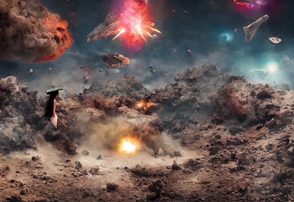 Image similar to fashion editorial in asteroids crashing on earth. gigantic explosions. wide angle shot. highly detailed. depth of field. high definition. 8k. photography.