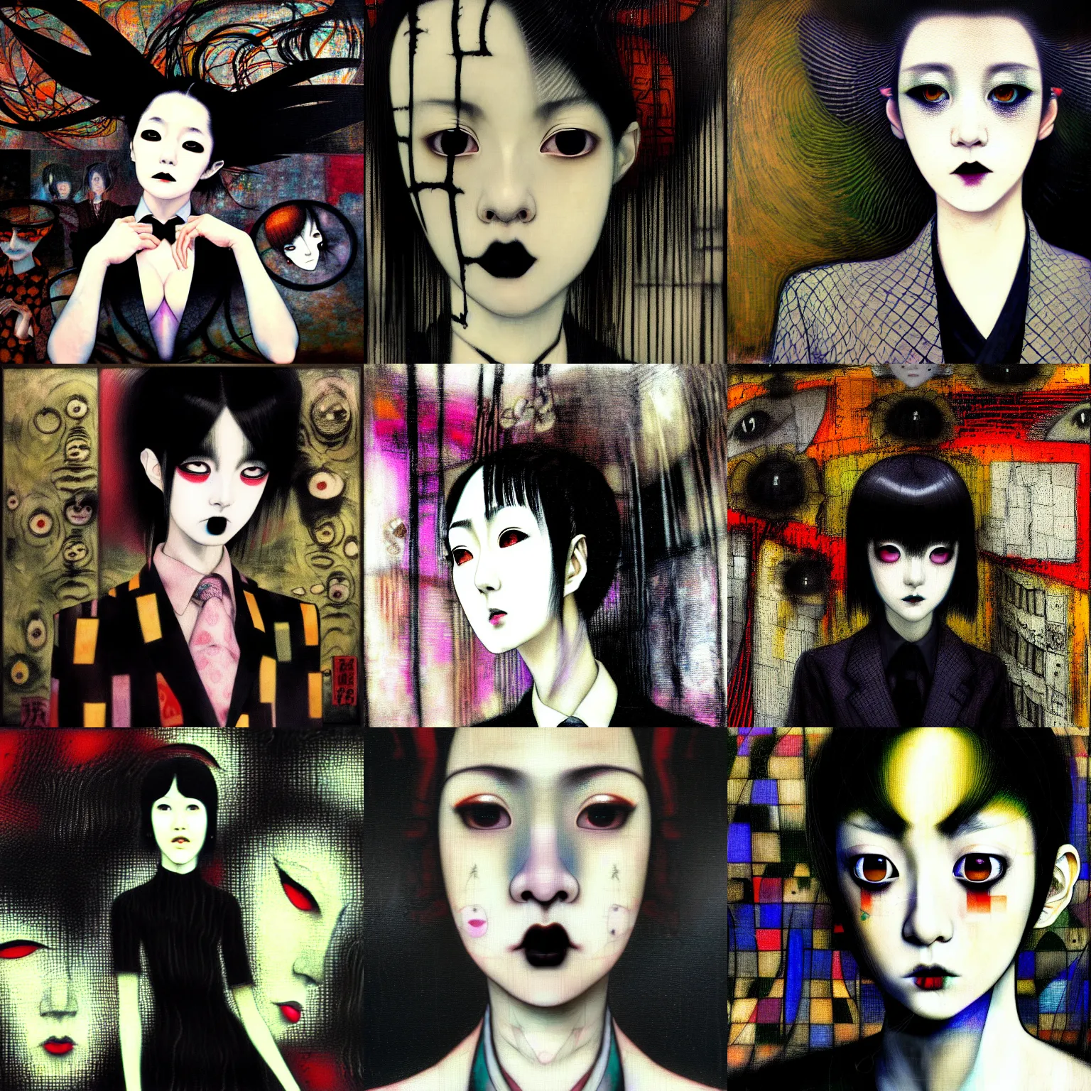 Image similar to yoshitaka amano blurred and dreamy realistic three quarter angle portrait of a young woman with black lipstick and black eyes wearing dress suit with tie, junji ito abstract patterns in the background, satoshi kon anime, noisy film grain effect, highly detailed, renaissance oil painting, weird portrait angle, blurred lost edges