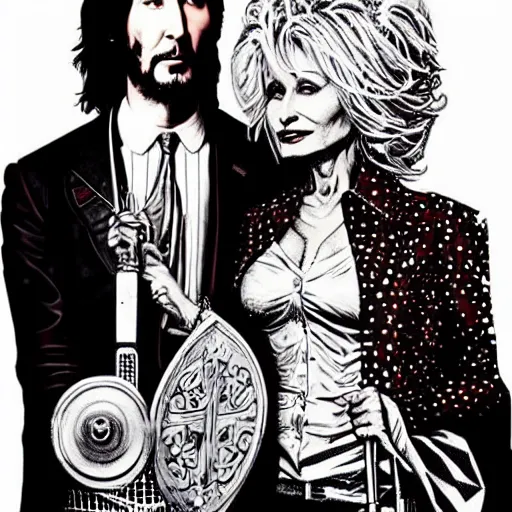 Image similar to American Gothic, with Keanu Reeves and Dolly Parton, by MARVEL comics and Sandra Chevrier, 8k