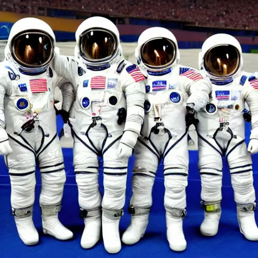 Image similar to 5 space astronauts in spacesuits of different colors, running in a relay race in a stadium, olympic games