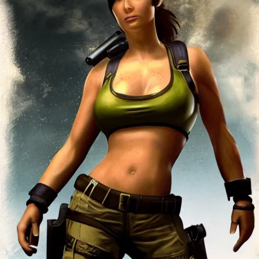 Image similar to Photograph of Lara Croft inflated like a balloon. Her body is huge and round, and she’s bulging out of her clothes.