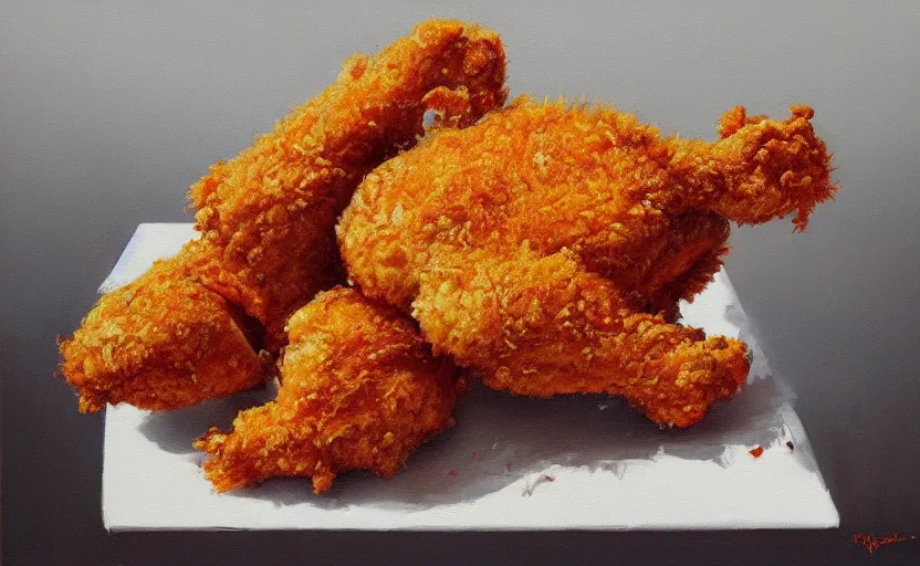 Image similar to a painting of forbidden fried chicken trending on artstation in the style of greg rutkowski, fried, chicken, kfc, puppies, dog, golden doodle
