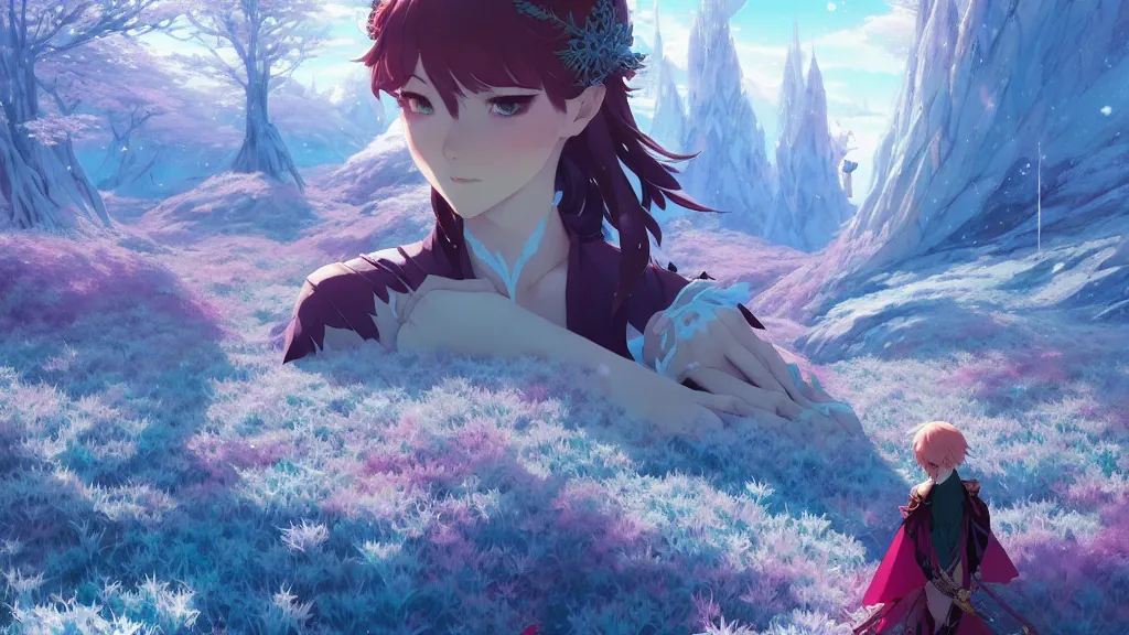 Prompt: magical fantasy frozen landscape, exotic flora and fauna, epic composition, dynamic colors, ilya kuvshinov, kyoani, artgerm, krenz cushart, hiroaki samura, yoshinari yoh, james jean, katsuhiro otomo, erik jones, cel shaded, anime poster