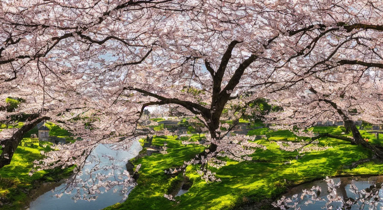 Image similar to landscape with a big castle surrounded by cherry blossom, hyper - detailed, god rays, light, trees, river, trending on artsation