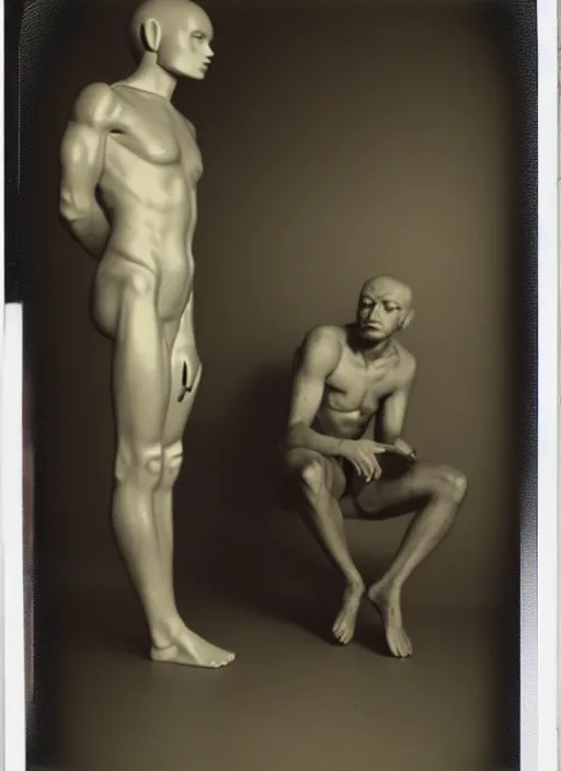 Image similar to polaroid fashion photography, flash photography, photo taken in a back storage room where you can see empty shelves in the background, 3 / 4 view portrait head chest and arms portrait of an android with an adult male human looking face, the android is sitting in a thinker's pose and is pondering the meaning of its existence, the thinker by auguste rodin