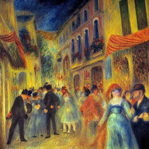 Prompt: disco party, strobo lights, millennials dancing, z generation, dj set, the square of an italian small town with stairs, impressionist style, drawn by renoir, high definition