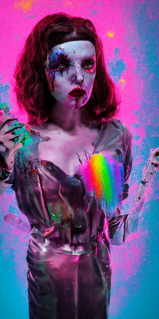 Image similar to impossibly beautiful female retro horror movie slasher villain, summer camp, complexity, horror, psychedelic glitch art, rainbow drip paint, trending on art station, photoreal, 8k, octane render