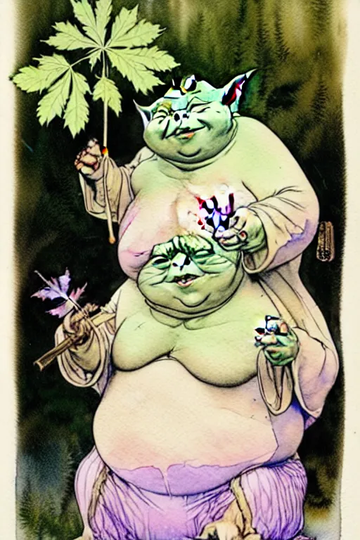 Image similar to a realistic and atmospheric watercolour fantasy character concept art portrait of a fat yoda with pink eyes giggling and holding a blunt with a pot leaf nearby, by rebecca guay, michael kaluta, charles vess and jean moebius giraud