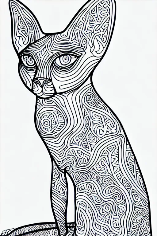 Image similar to sphynx cat statue ornaments fractal ink drawing line art colouring page, vector, margins, fine lines, centered