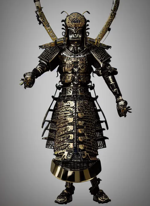 Prompt: hyper realistic glorious ancient samurai in a obsidian metal armor, futuristic design, designed by makoto kobayashi and luca zampriolo, portrait, cyberpunk style, wood and gold details, intricate, extremely detailed, ornate, deep of field, hard surface, exoskeleton, substance designer metal unreal engine. amazing likeness. very detailed.