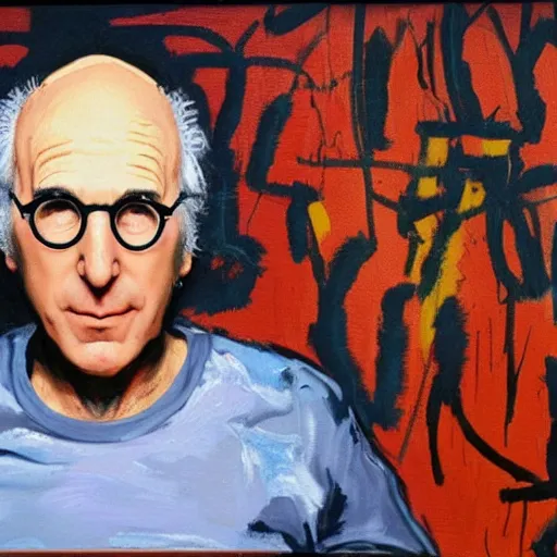 Prompt: Larry David eating a bagel in the style of Basquiat, oil painting