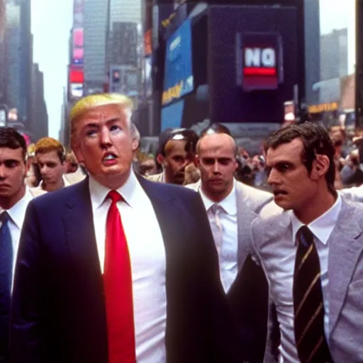 Image similar to still of donald trump walking with bodyguards in time square, wearing maga hat, in american psycho ( 1 9 9 9 )