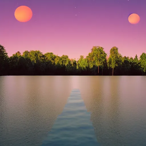 Prompt: the sun is setting over a lake surrounded by trees. a matte painting 3d octane render by Beeple, unsplash, digital art, synthwave, outrun, retrowave, rainbow, pastel colors