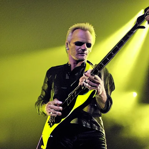 Prompt: Sting playing bass wearing a horizontally stripped yellow black jersey, volumetric lighting, sharp focus