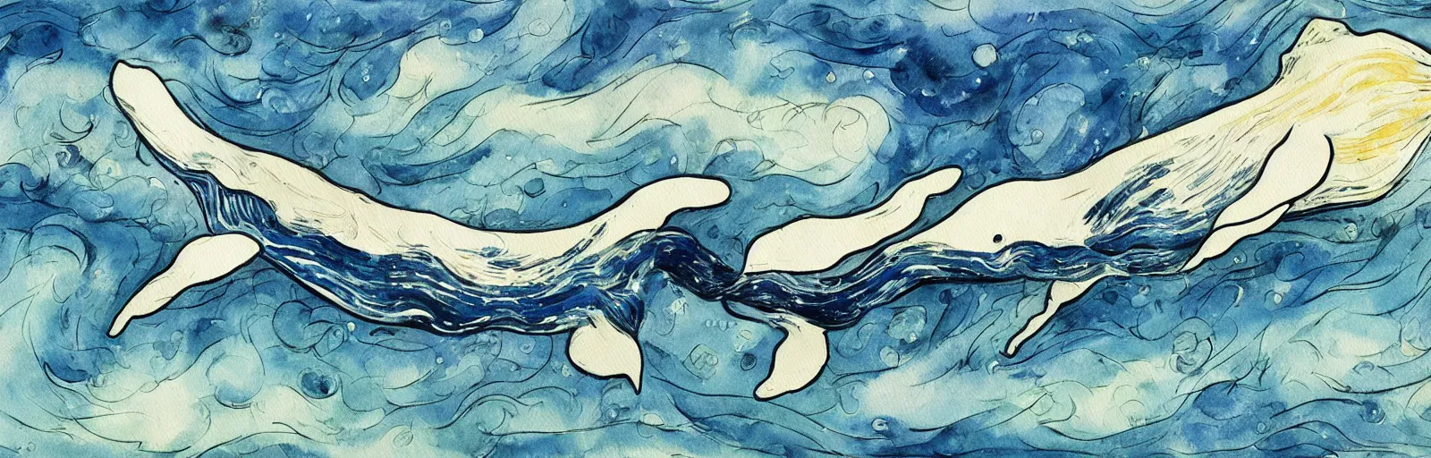 Image similar to anatomically correct whale, aesthetically pleasing composition, watercolor painting by hayao miyazaki and vincent van gogh, masterful, sharp focus, rich texture, rich vivid color, dynamic, energetic, lively, perspective, elegant design, high detail, hdr.