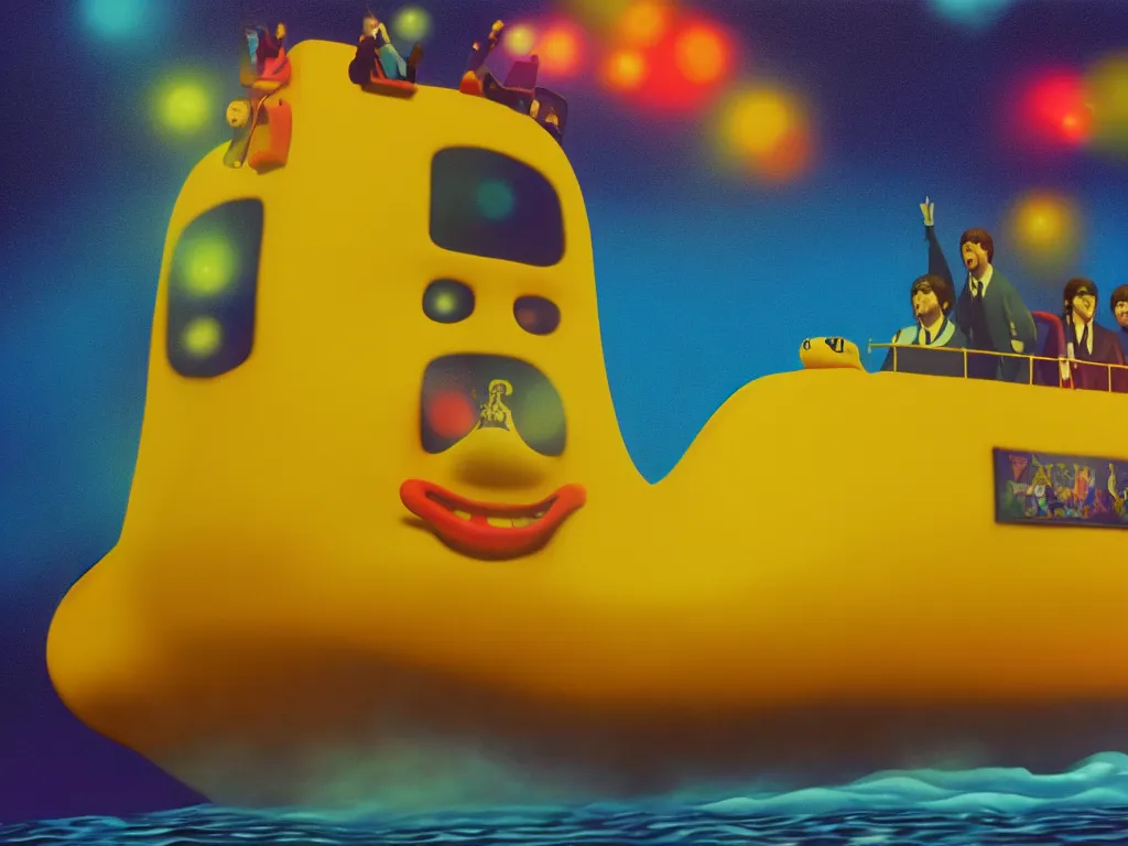 Image similar to yellow submarine by the beatles, photorealistic painting, cgi, low volumetric light, movie still, very cute and cozy and fluffy and sweet